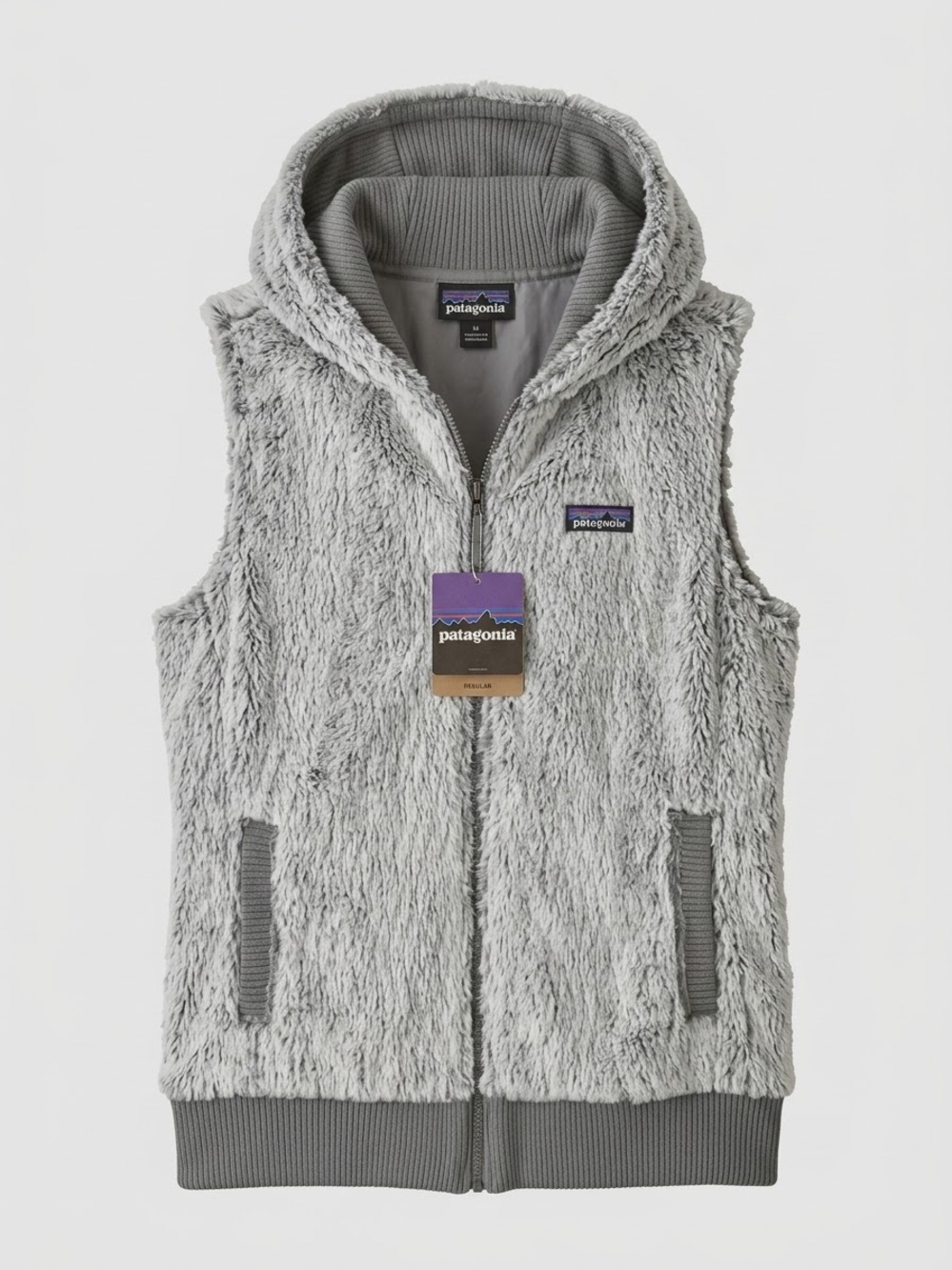 Patagonia Light Gray Plush Hooded Vest with Rib Trim